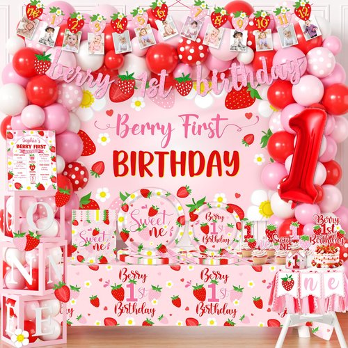 Berry First Birthday Decor Strawberry 1st Birthday Decorations Girls With Strawberry Decor Plates Napkins Balloons Strawberry Party Backdrop Banner Cake Toppers for Girl 1st birthday Decorations