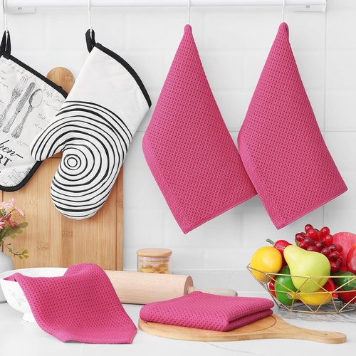 Homaxy Kitchen Dish Cloths - 100% Cotton Waffle Weave, Ultra Soft & Absorbent, 12x12 Inches, 6-Pack | Hot Pink