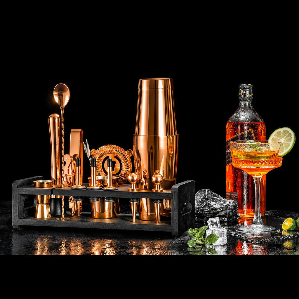 Soing 24-Piece Cocktail Shaker Set,Perfect Home Bartender Kit for Drink Mixing,Stainless Steel Bar Tools With Stand,Velvet Carry Bag & Recipes Cards Included (Rose copper)