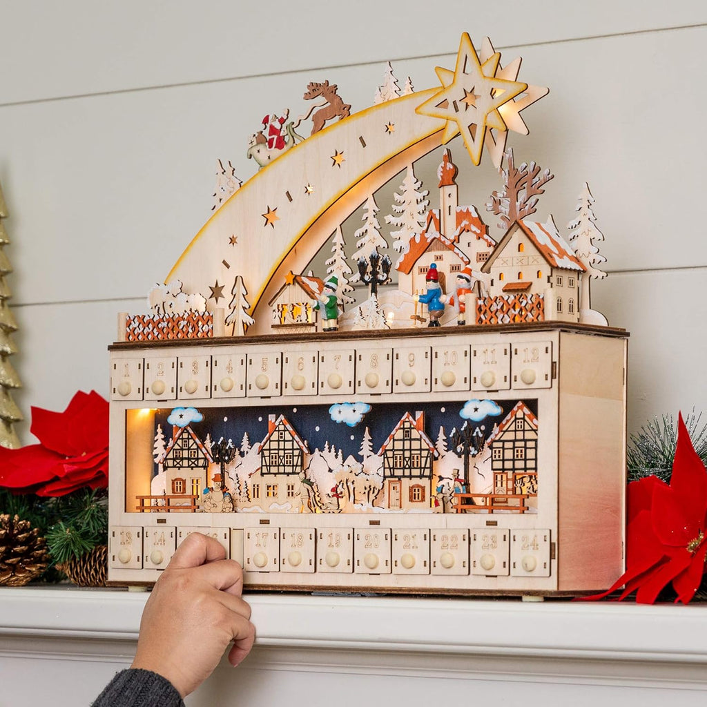 Best Choice Products Wooden Advent Calendar - Shooting Star Holiday Decoration with LED Lights