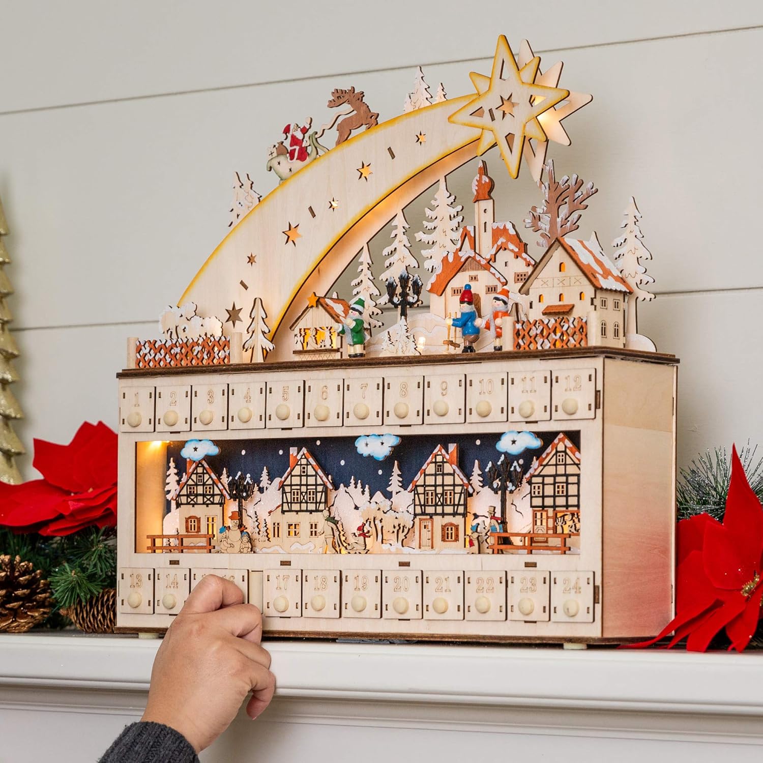 Best Choice Products Wooden Advent Calendar - Shooting Star Holiday Decoration with LED Lights