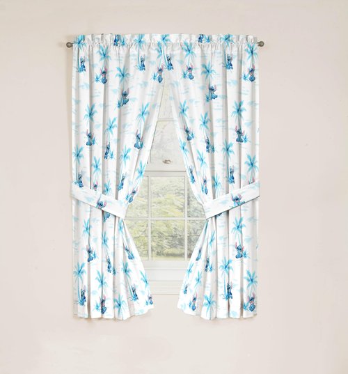 Jay Franco Black Out Window Curtains for Kids Bedroom 4-Piece Drape Set with 2 Tiebacks, White - Lilo & Stitch, 42" W x 63" L (Pack of 2)