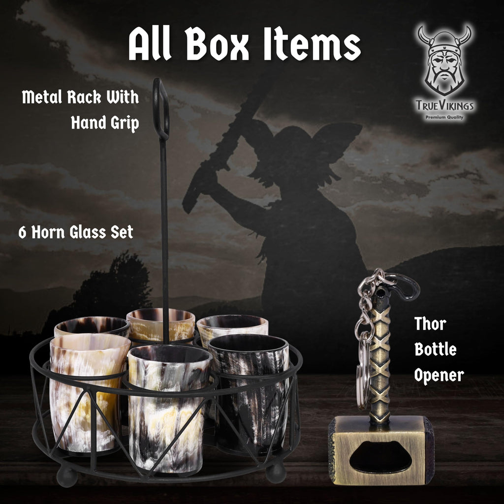 TRUE VIKING Drinking Horn Cup Set of 6 – Unique Viking Gifts for Men, Dad, Husband – Natural Ox Horn Shot Glasses with Thor Bottle Opener & Metal Caddy – Leak-Proof – For Beer, Ale, Mead (5 oz/Glass)