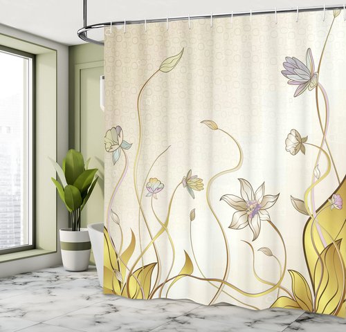 Ambesonne Abstract Shower Curtain, Flower Nature Theme Pattern Nice Lily Blossoms in Spring Pattern Print, Cloth Fabric Bathroom Decor Set with Hooks, 69" W x 70" L, Cream and Mustard