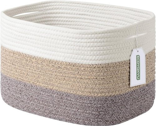 ECDYQXVU Cotton Rope Storage Basket - Woven Organizer for Shelves, Clothes, Towels | 15x10x9 Inches, White Brown