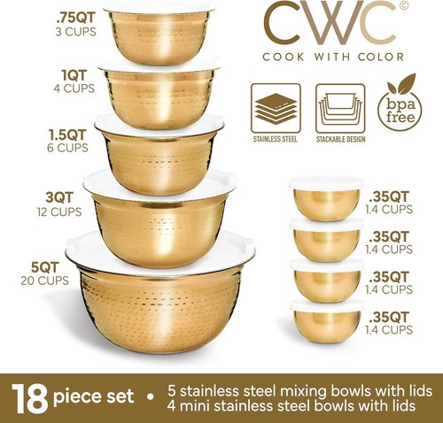 COOK WITH COLOR 18-Piece Mixing Bowls Set - Handcrafted Stainless Steel with Airtight Lids | Gold Hammered Finish
