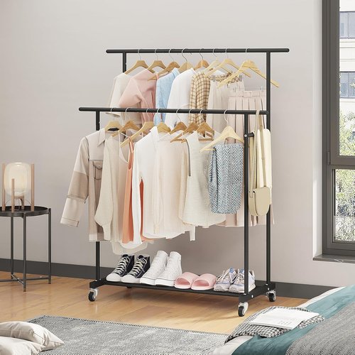 Calmootey Double Rod Clothing Rack - Portable Rolling Garment Organizer for Bedroom & Living Room - Black
