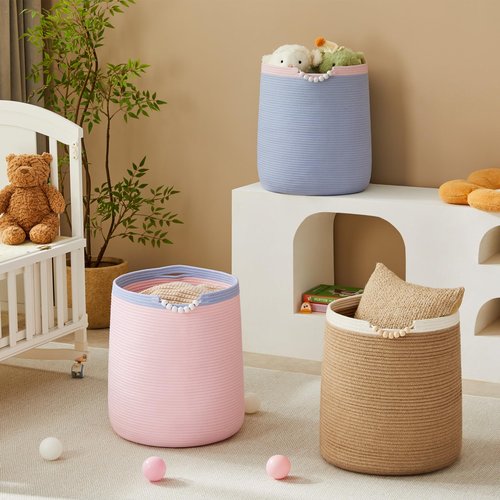 ENAORGAN 65L Pink Woven Rope Laundry Hamper Basket for Clohtes Boho Tall Rope Baskets for Blanket Large Baby Nursery Hamper for Girls Kids 16"Wide 19"Tall