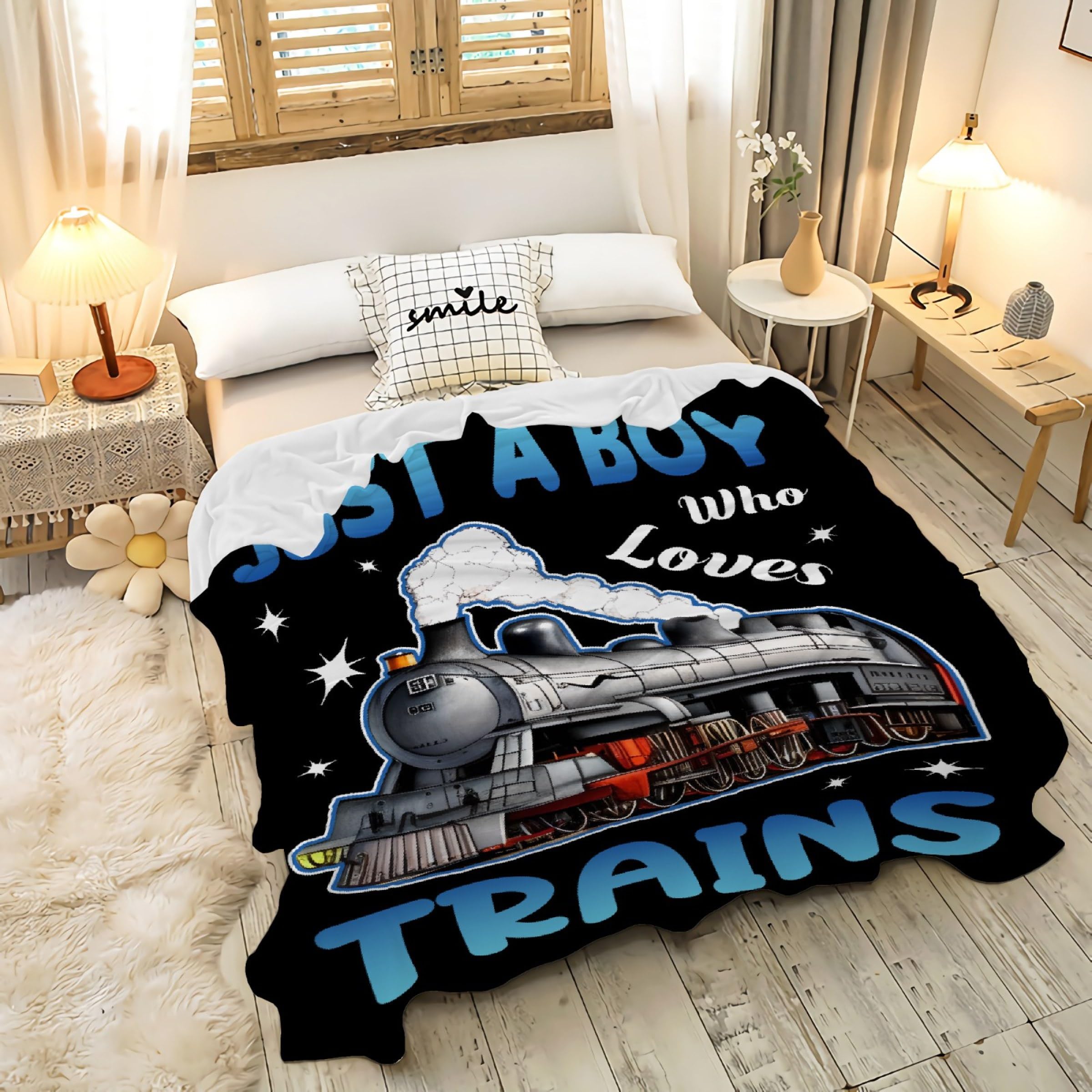 Boy Who Loves Trains Blanket Soft Blankets and Throws Flannel Cozy Lightweight Quilt Gift for Train Lovers for Bed Sofa Couch-50x40 Inches