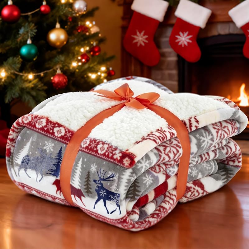 Nordic Reindeer Fleece Throw Blanket 78x78 Red - Cozy Holiday Decor