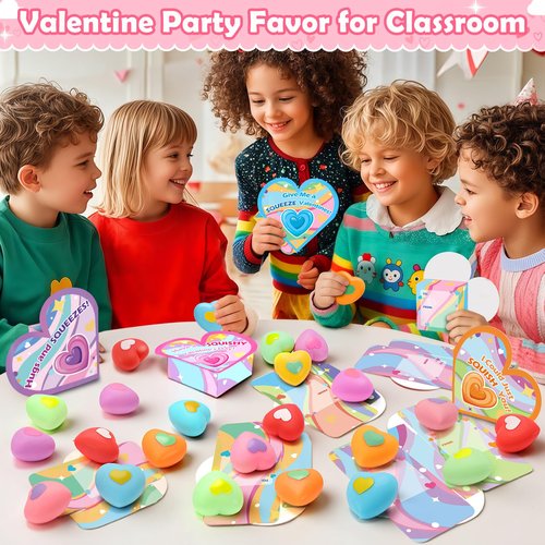 24 Pack Valentines Day Cards with Heart Squeeze Stress Balls for Kids School, Classroom Valentines Day Gifts for Kids, Valentines Party Favors Exchange Gift for Boys Girls