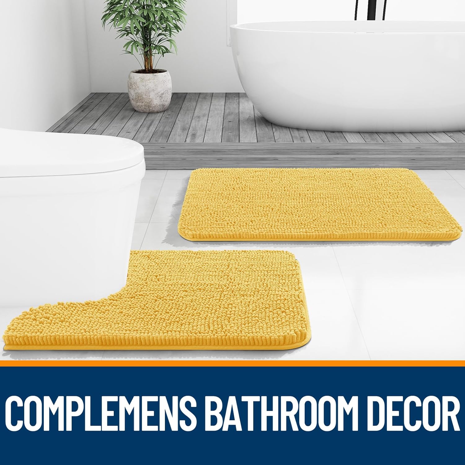 OLANLY U-Shaped Toilet Rug - Extra Soft Chenille, Quick-Dry & Non-Slip | 24x20 Inches, Yellow