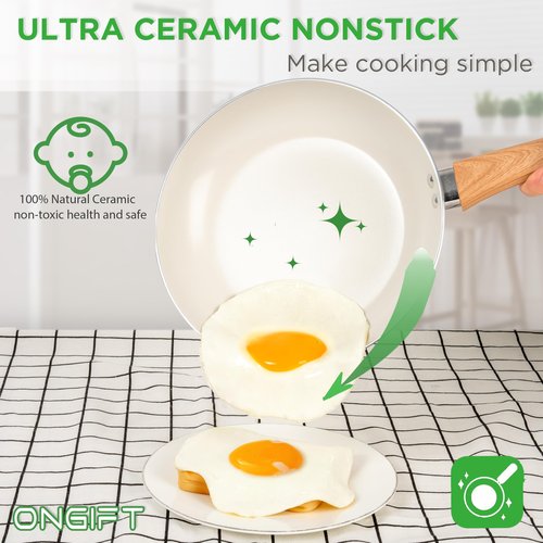 ONGIFT 23 Pcs Pots and Pans Set Nonstick, Kitchen Cookware Sets, with Frying Pan, Saucepan, Saute Pan, Lightweight Cooking Set with Stay-Cool Wood Print Handles, NO PFAS and PFOA, Light Wood