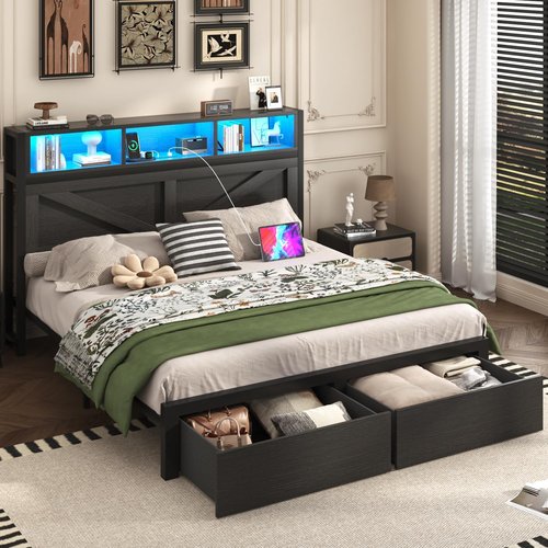 Incyneva Queen Bed Frame - Farmhouse Style with Bookcase Headboard, Charging Station & LED Light, Black