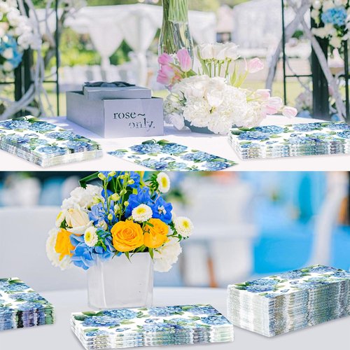 100Pcs Hydrangea Paper Napkins 3 Ply Watercolor Blue and White Floral Butterfly Disposable Absorbent Hand Towel Spring Pretty Flower Guest Dinner Napkin for Bridal Shower Bathroom Tea Party Supplies