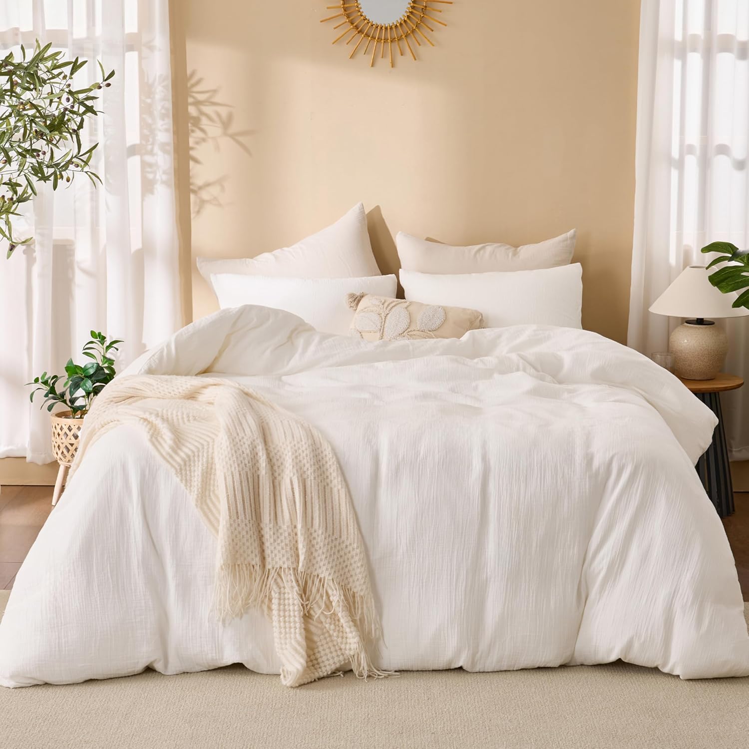 Skiennix Off White Duvet Cover Set - 100% Sandwashed Cotton, Soft & Cozy | Queen Size 90 x 90 Inches