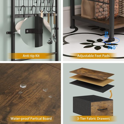 GiftGo Small Coffee Bar Station Narrow Corner Baker Rack Stand with 2 Storage Fabric Drawers 5 S Hooks for Small Spaces Farmhouse Bakers Rack for Kitchen, Entryway, Living Room (Brown, Narrow)