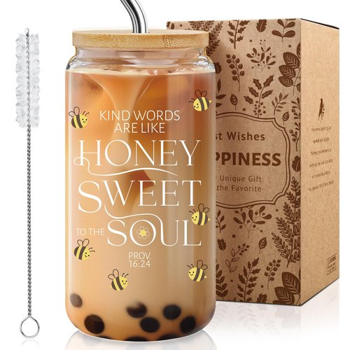 Christian Glass Tumbler Gifts for Bee Lovers - 'Kind Words are Like Honey' Inspirational Bible Verse 16oz with Lid & Straw, Sweet Present for Beekeeper, Teacher, Mom -m10