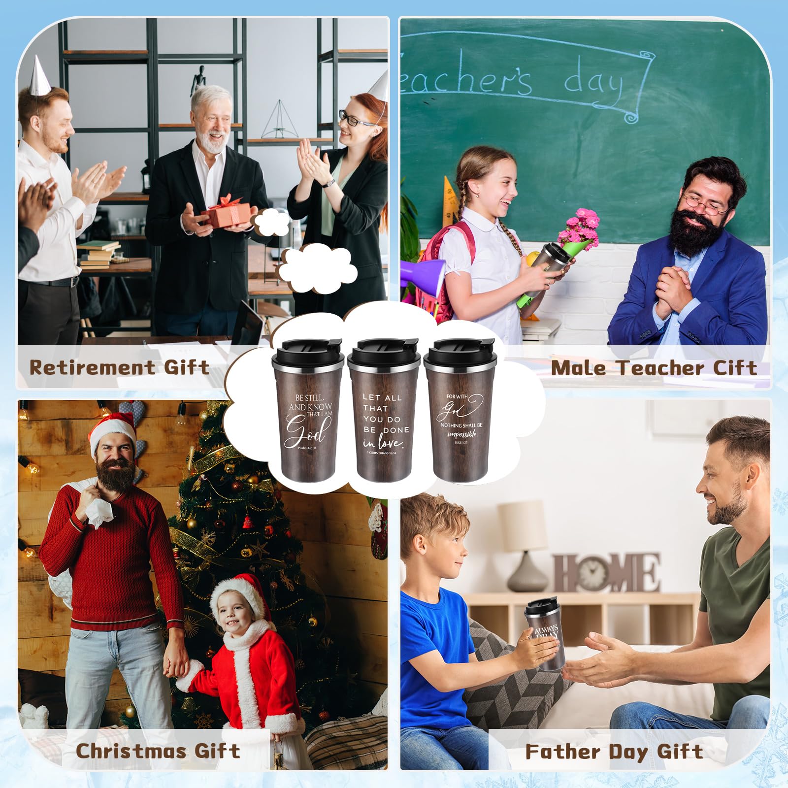 Meanplan 10 Set Christian Fathers Day Church Gifts Bible Verse Tumbler Bulk 17oz Coffee Cup Religious Jesus Tumbler Inspirational Mug for Men Women Teacher (Wood Grain, Bible Theme)