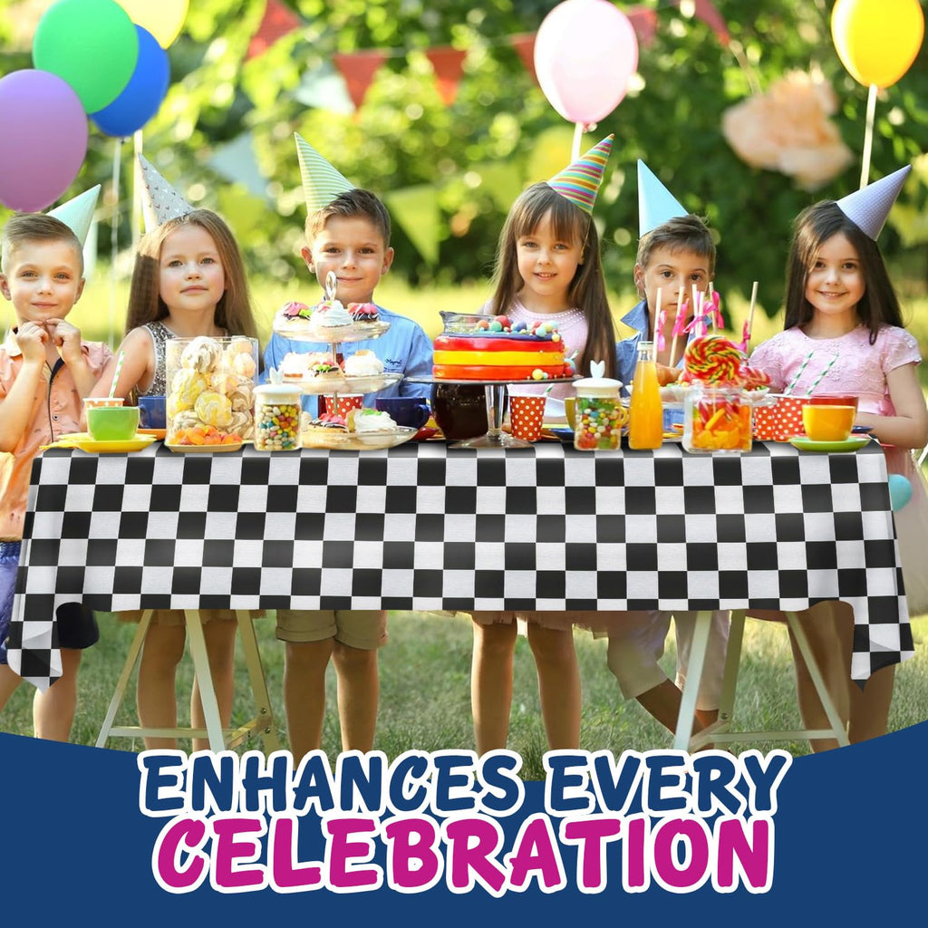 Clearly White and Black Checkered Plastic Tablecloth Roll with Cutter, 423 Sq.Ft (52"x1181") Extra Large Disposable Plastic Table Cloth for Parties, Events and Outdoor Gatherings
