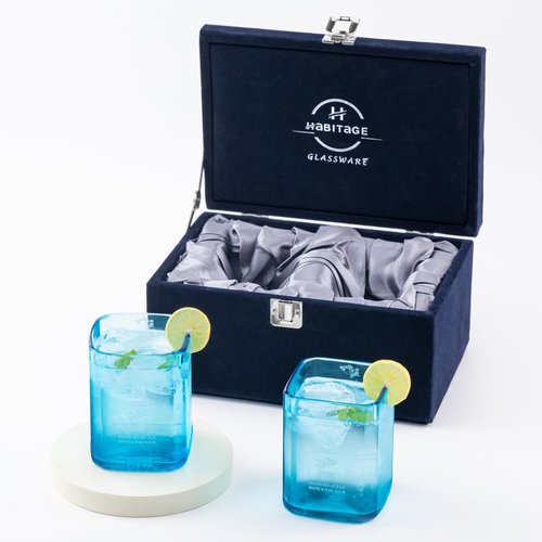 Habitage Upcycled Bombay Sapphire Gin Glasses for Drinks - Set of 2 with Velvet Gift Box | Eco-friendly Glassware handcrafted from Gin bottles | Ideal for Gin, Whiskey, Juices, Smoothies, Cocktails