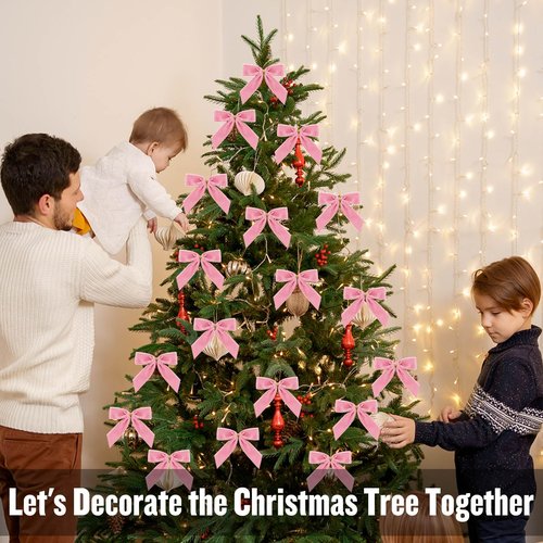 24 Pack Pink Velvet Twist Tie Bows for Christmas Tree, Pre-Tied Small Christmas Bows for Wreath, Tree, Gift Wrapping, Treat Bags, DIY Craft, Party Favors, Home Decoration (3.5x3.5Inch, 1" W)