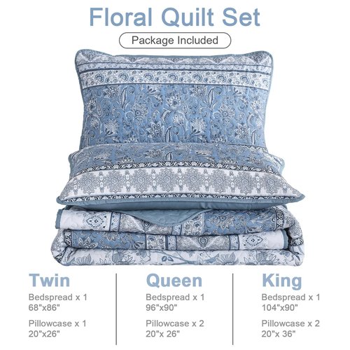 Yiran Blue Boho Quilt Set Queen Size Striped Bedspread Floral Bedding Set 3 Pieces Soft Microfiber Paisley Quilt with 2 Pillow Shams 96" x90''