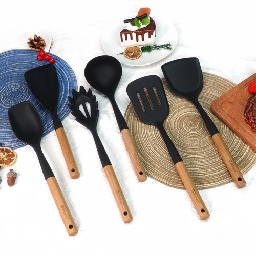 Large Silicone Kitchen Utensils Set, 6 PCS Nonstick Cooking Utensils Set with Wooden Handle, Heat Resistant and BPA Free Silicone Utensil Spatula Set for Cooking with Turner, Spoon and Ladle(Black)