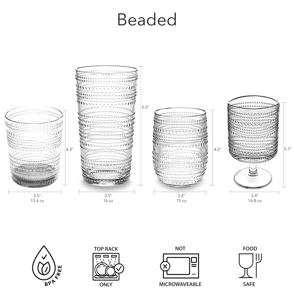 Abode Homewares Beaded 16 oz Durable Acrylic Jumbo Drinking Glasses, Shatter-Resistant and Dishwasher-Safe Indoor/Outdoor Drinkware for Water, Iced Tea, Juice, and Cocktails - Sea Green - Set of 6
