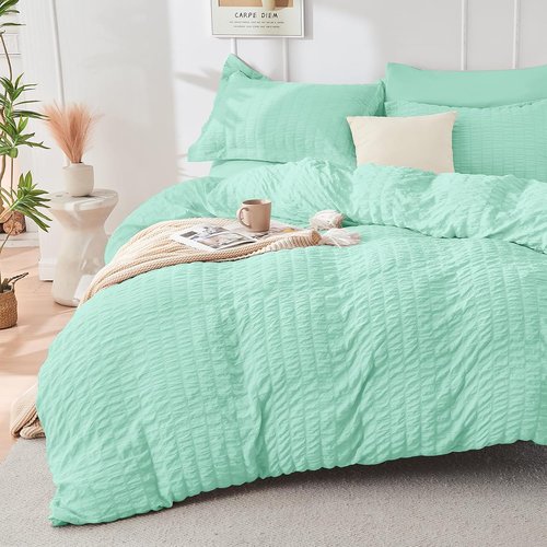 HYMOKEGE Twin Comforter Set - Mint Green Seersucker 5-Piece Luxury Bedding Set for All Seasons