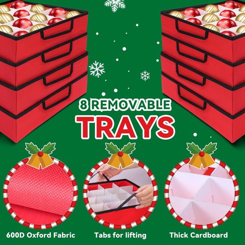 Christmas Ornament Storage Box - Durable 600D Oxford Container Holds 128 Ornaments | 8 Trays, Red