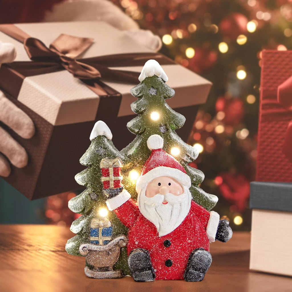 Santa Claus Statues - Christmas Decorations for Indoor Holiday Decor | Light-Up Tree Figurines for Table & Mantle