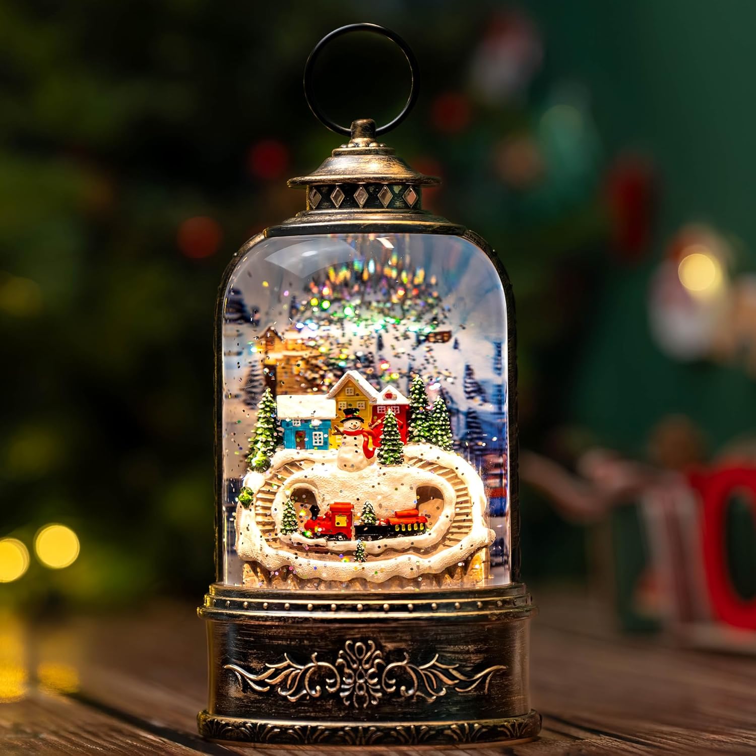 Skiennix Christmas Snow Globe Lantern - Glittering Snowman & Train with Music | USB & Battery Operated