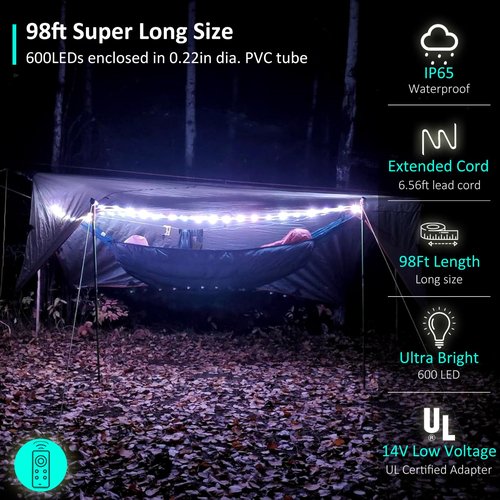 Krislait Rope Lights Outdoor, 98ft 600 LED Outdoor Plug in Rope Light, Waterproof String Lights for Garden, Tree, RV, Patio, Holiday Decor, Party, Christmas (Cool White)