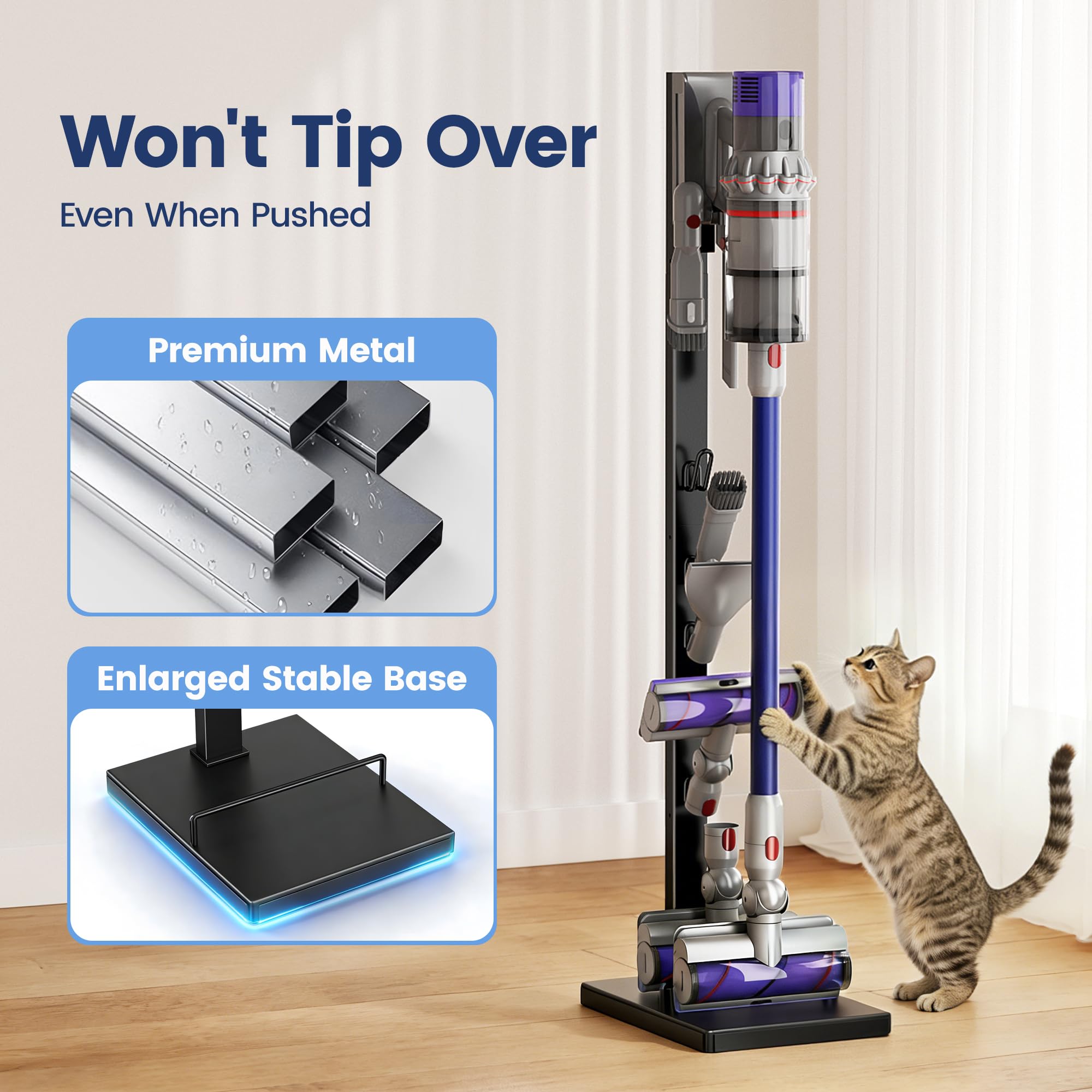 pickpiff Vacuum Cleaner Stand Compatible with Dyson V15, V12, V11, V10, V8, V7, V6 & G5 – Freestanding Holder with Accessory Storage, No Drilling Required, Easy Installation