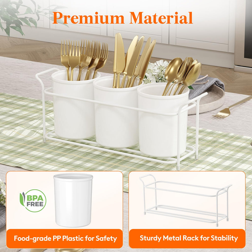 Lifewit Plastic Silverware Caddy with Metal Rack, Utensil Holder for Party, Cutlery Flatware Organizer for Kitchen Countertop, Forks Spoons Knives Storage for Picnic Camping Outdoor Buffet, White