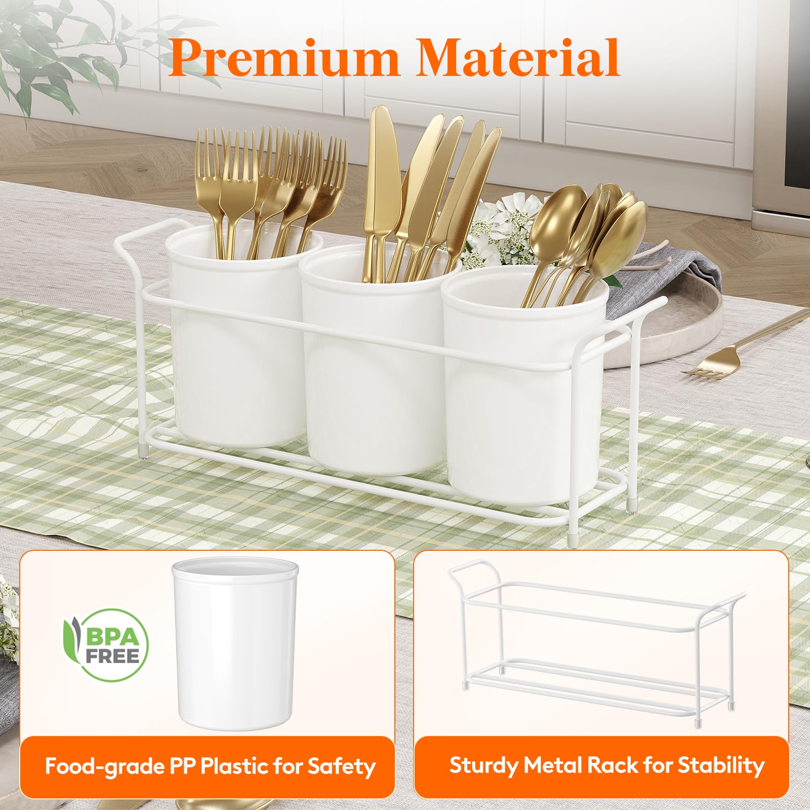 Lifewit Plastic Silverware Caddy with Metal Rack, Utensil Holder for Party, Cutlery Flatware Organizer for Kitchen Countertop, Forks Spoons Knives Storage for Picnic Camping Outdoor Buffet, White