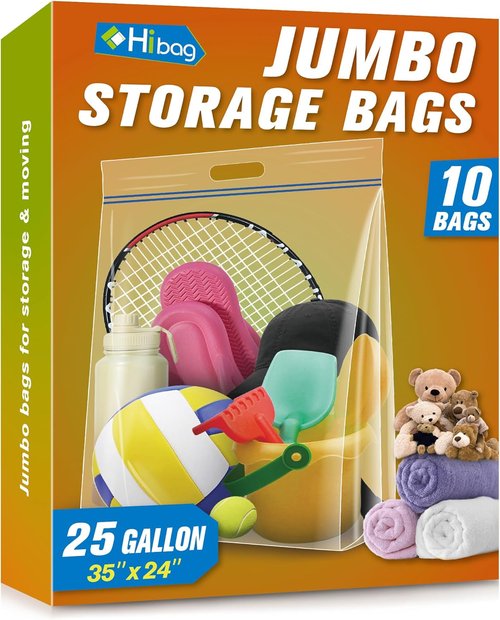 HIBAG Jumbo Storage Bags - 25 Gallon Heavy Duty Resealable Clear Bags with Handle | Extra Large 35” x 24”, Pack of 10