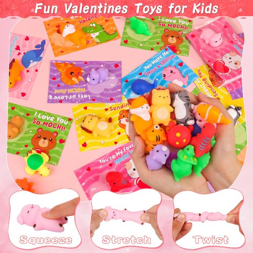 FLYSNK 28 Pack Valentines Day Cards for Kids with Animals Mochi Squishies Fidget Toys, Valentines Classroom Exchange Gifts, School Prizes Party Favors for Boys & Girls