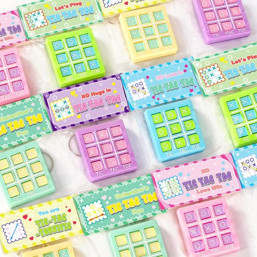 IJIGU Valentines Day Cards for Kids School, 24 Pcs Tic-Tac-Toe Keychains with Valentines' Cards, Valentines Day Exchange Gifts for Kids, Ideal Classroom Prize & Party Favors Supply