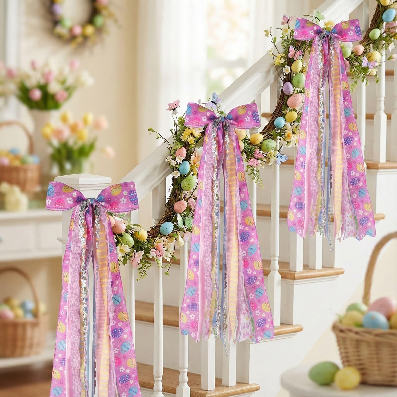 YKW Easter Bow for Door with 8 Ribbons, 27.5" Spring Wreath Sash Purple Lavender Floral, Ready to Hang Front Door Decoration Metal Clip, Home Farmhouse Party Decor