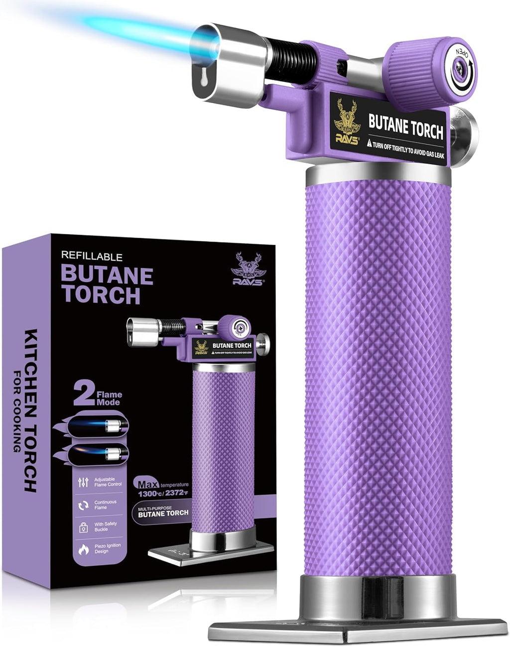 RAVS Butane Torch Lighter - Refillable Kitchen Torch with Adjustable Flame & Safety Buckle - Purple
