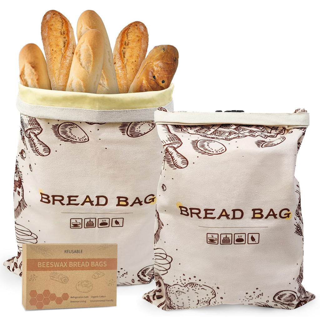 Reusable Beeswax Bread Bags, 2 Pack 13x17 Inch Sourdough Bread Storage Bags for Homemade Bread, Eco-Friendly Beeswax Food Storage Bags, Linen Bread Bag Alternative for Freshness Preservation