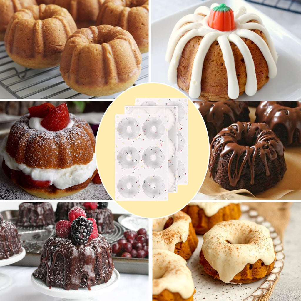 HUAKENER 3 Pcs Mini Fluted Cake Pan, 6-Cavity Fluted Tube Cake Pan, Non-stick Silicone Baking Mold for Cupcakes, Donuts, Muffins, Cornbread, Brownies, Jellies
