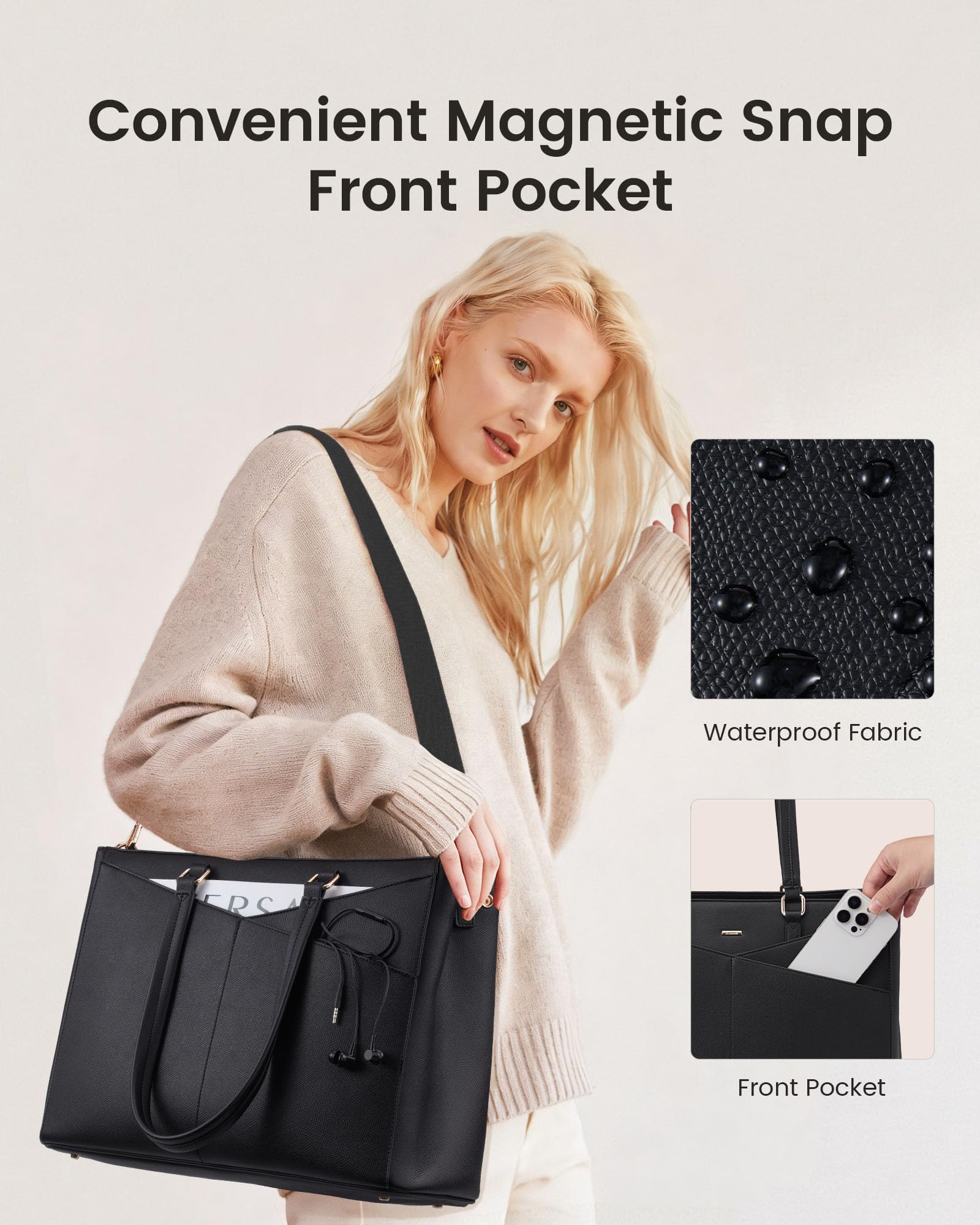 LOVEVOOK Lunch Tote Bag for Women, 3 in 1 Work Bag with Insulated Lunch Compartment, Laptop Bag with Large Cup Holder for Office, College, Casual, Black