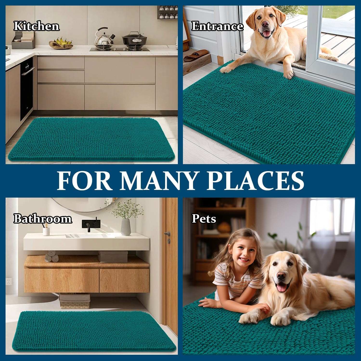 OLANLY Dog Door Mat - Absorbent Non-Slip Washable Chenille Mat for Muddy Paws | 54x24, Lake Blue
