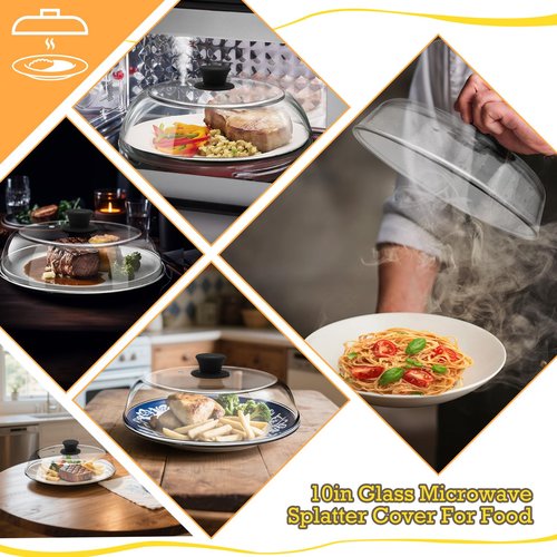 10in Glass Microwave Splatter Cover for Food with Silicone Mat, 10in Glass Microwave Plate Lid with Vent Holes & Easy-Grip Handle, Dishwasher Safe, No Plastic, Food Grade
