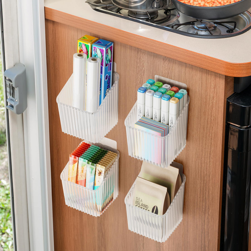 NiHome 4-Pack Plastic Wall Mount Storage Caddy for RV/Camper Storage and Organization, Self Adhesive Cabinet Door Organizer for Bathroom/Kitchen, Camper Must Haves & Small Item Organization