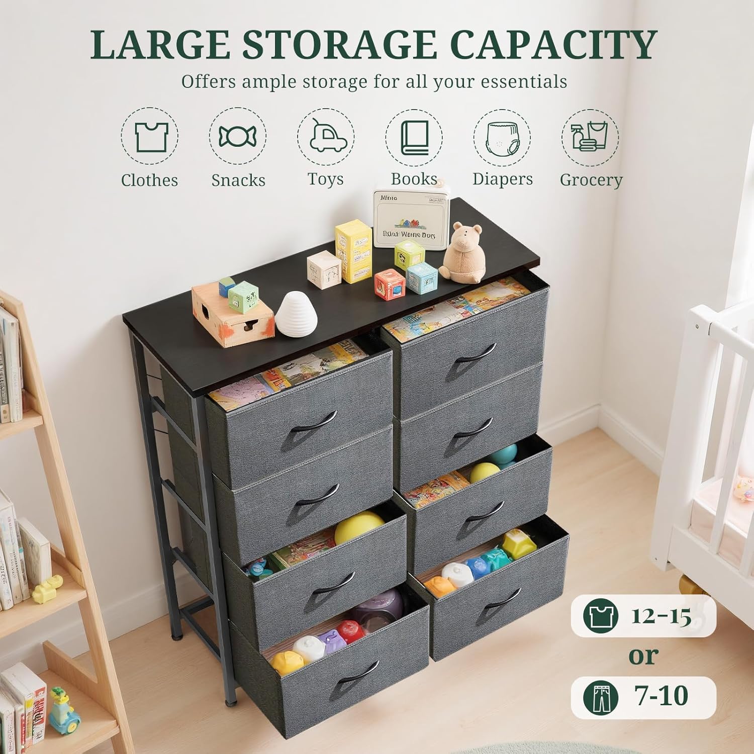 Skiennix 8-Drawer Dresser - Anti-Tip Tall Storage Organizer with Wooden Top & Metal Frame - Gray