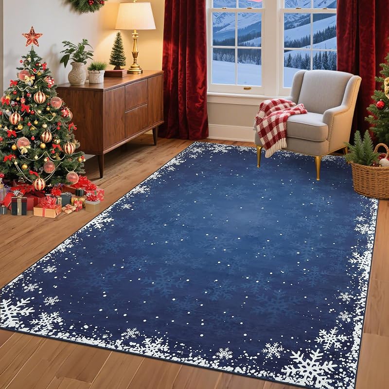 5' x 7' Xmas Snow Blue Non-Slip Area Rug - Machine Washable Holiday Living Room Carpet